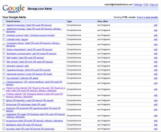Google Alerts configuration screen