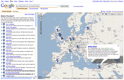 Google Maps showing the RSS feed from Whats The Harm?